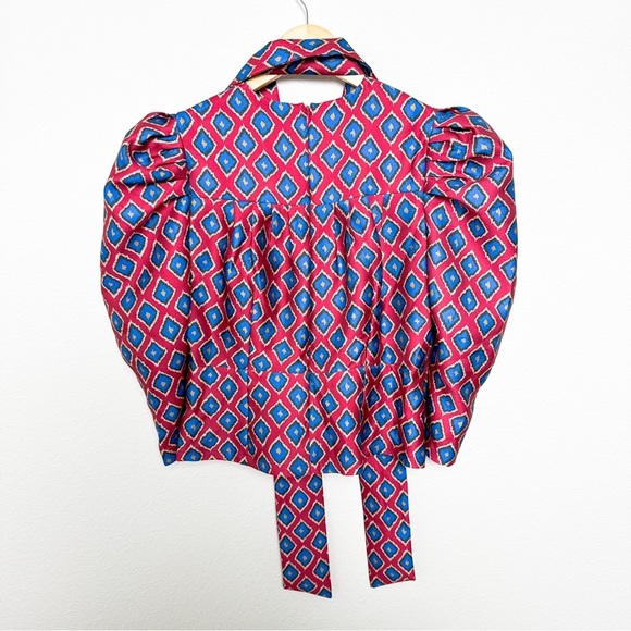 Hunter Bell Presley Top In Ikat Rouge Peplum Ruffle Puff Sleeve size 6 - Picture 8 of 9